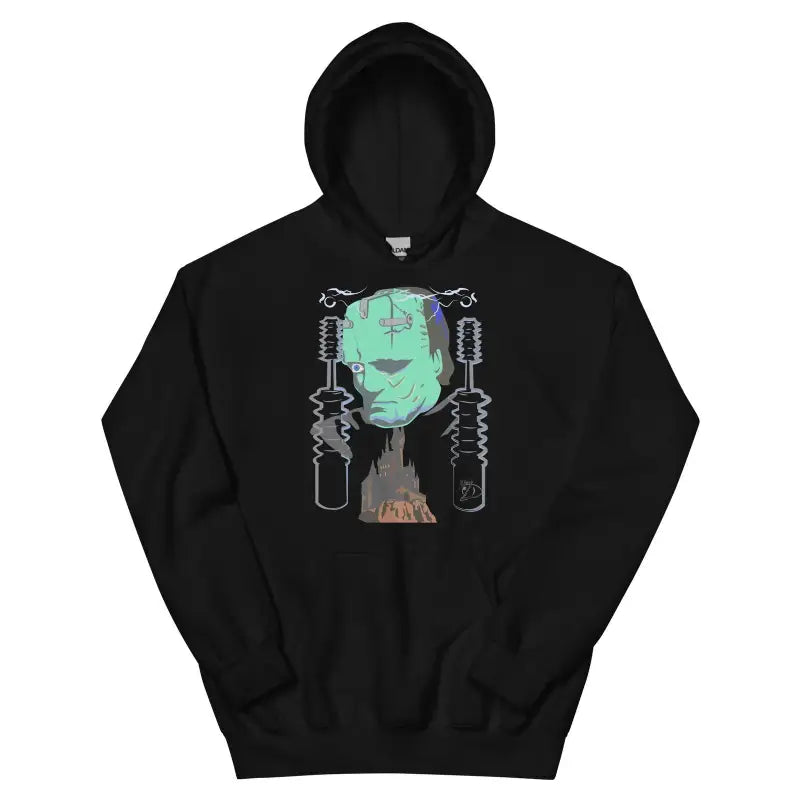 Black hoodie sweatshirt with mint green Frankenstein design for retro Halloween style