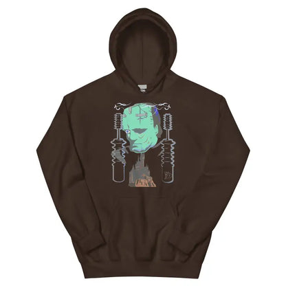 Brown hoodie sweatshirt with mint green Frankenstein’s design for a retro Halloween look