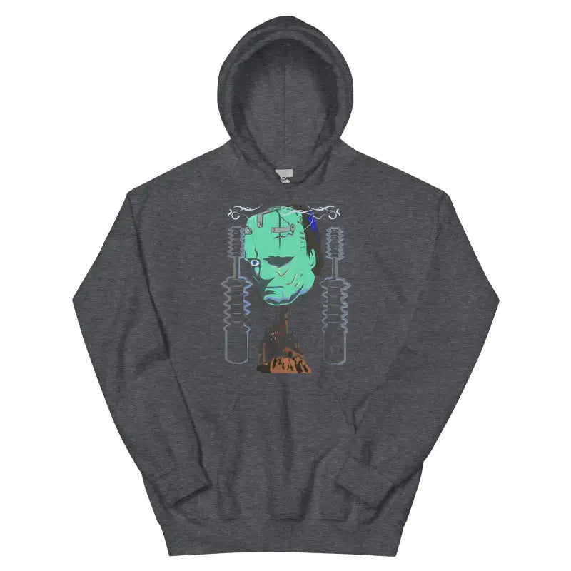 Dark gray Retro Frankenstein Hoodie featuring a vibrant green Halloween design