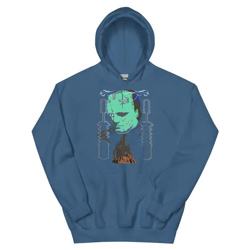 Blue hoodie with green monster graphic, perfect for Retro Frankenstein Halloween style