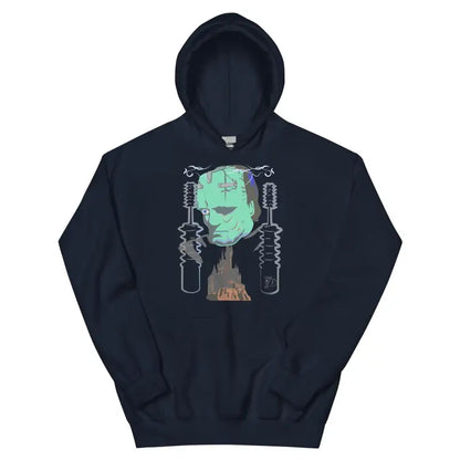 Black hoodie sweatshirt with green Frankenstein’s monster design for retro Halloween style