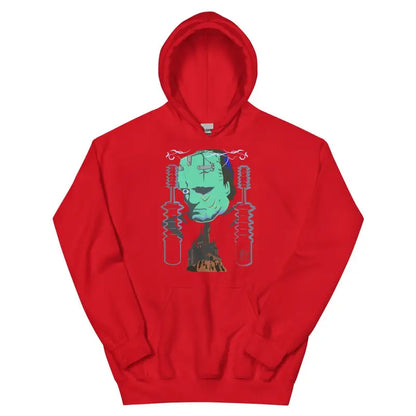 Red hoodie sweatshirt with a green Frankenstein’s monster graphic for retro Halloween style