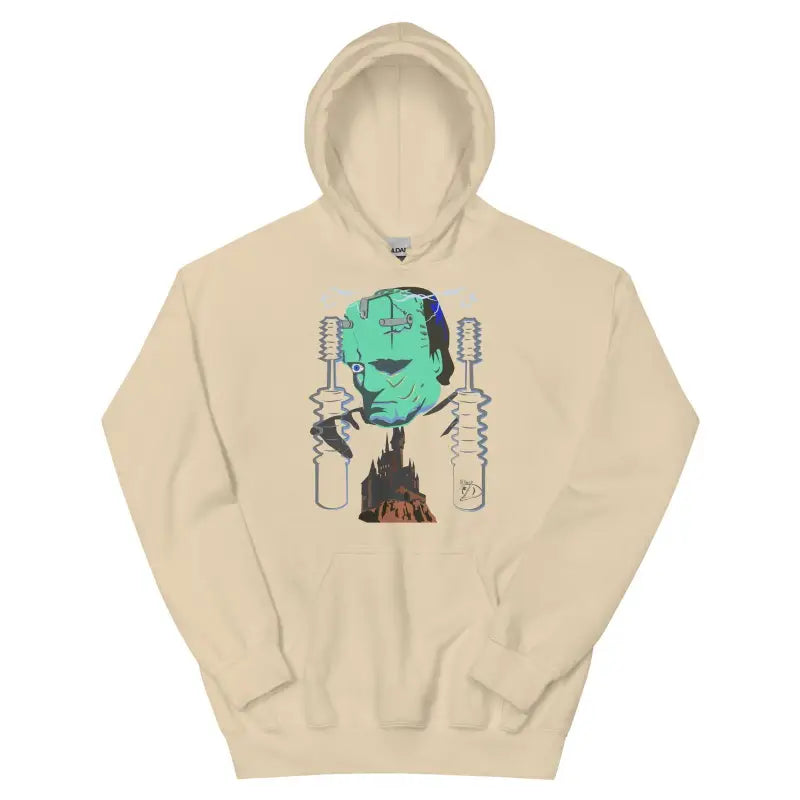 Sand-colored Retro Frankenstein hoodie with a green and black Halloween graphic design