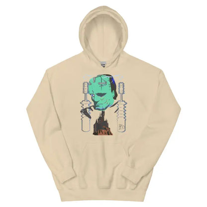 Sand-colored Retro Frankenstein hoodie with a green and black Halloween graphic design