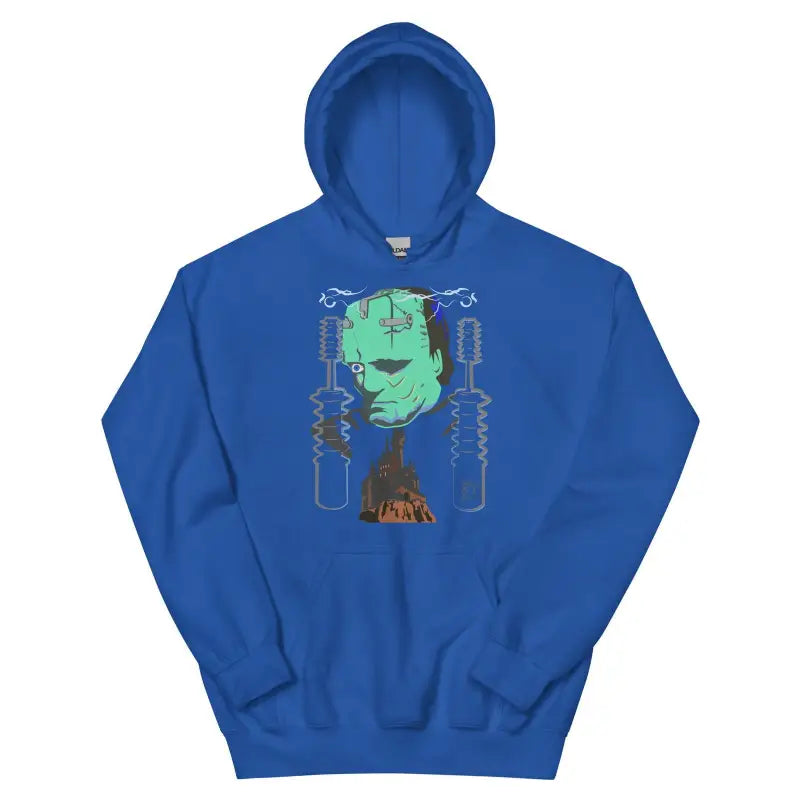 Royal blue Retro Frankenstein’s hoodie with green monster graphic for Halloween style