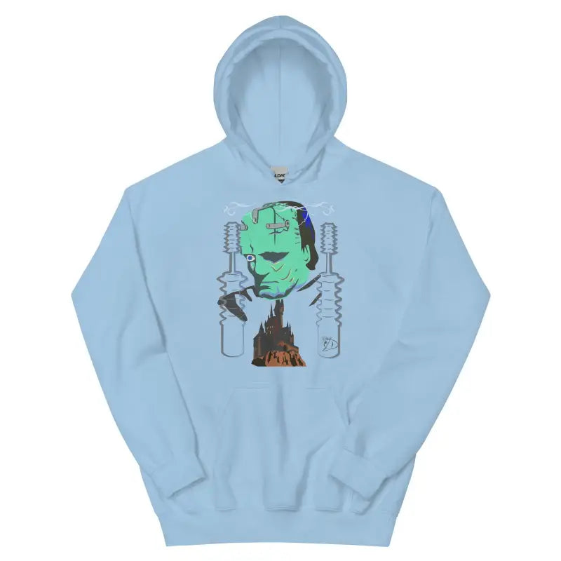 Light blue Retro Frankenstein’s Hoodie featuring a green monster graphic for Halloween