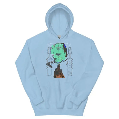 Light blue Retro Frankenstein’s Hoodie featuring a green monster graphic for Halloween