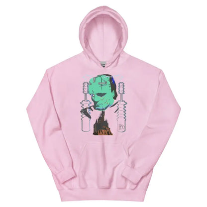 Pink Retro Frankenstein’s Hoodie featuring a green monster head graphic for Halloween