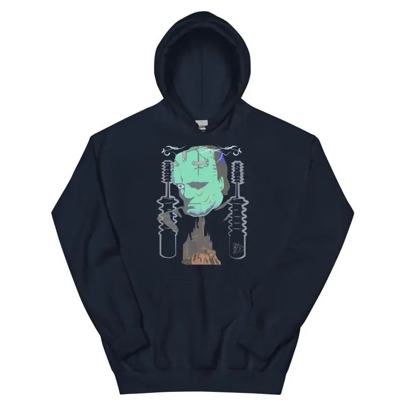 Black hoodie sweatshirt with retro Frankenstein’s design, perfect for Halloween aesthetic