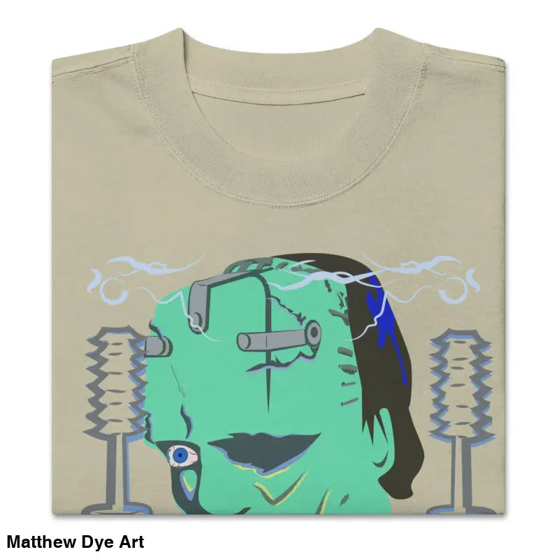 Folded Retro Franky Oversized T-Shirt featuring Matthew Dye art of Frankenstein’s monster