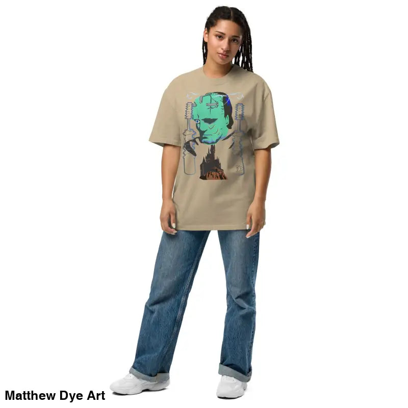 Woman in Retro Franky Oversized T-Shirt featuring Matthew Dye art, perfect for autumn