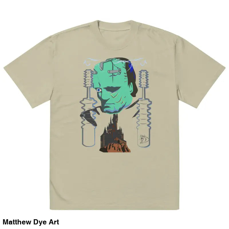 Beige Retro Franky Oversized T-Shirt featuring Matthew Dye art of Frankenstein graphic