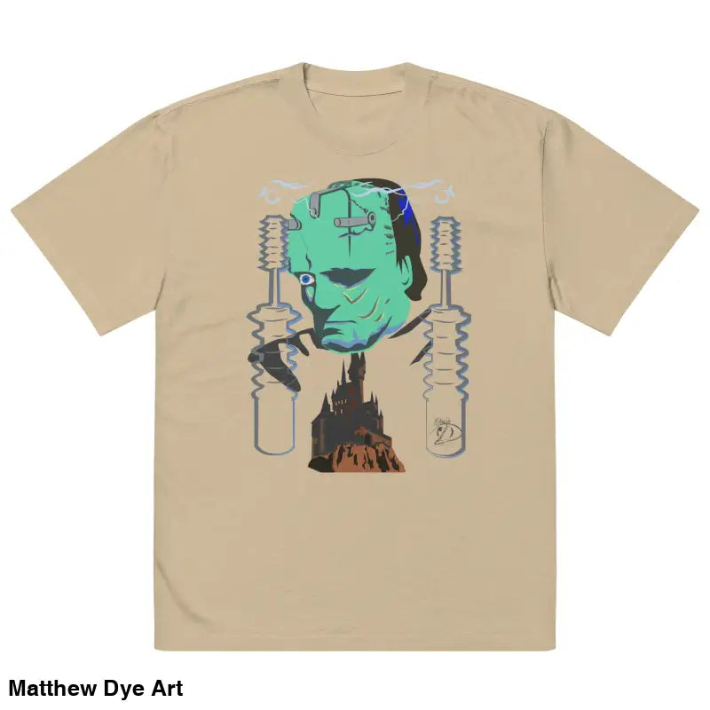 Tan t-shirt featuring Frankenstein graphic from Matthew Dye art, Retro Franky Oversized style