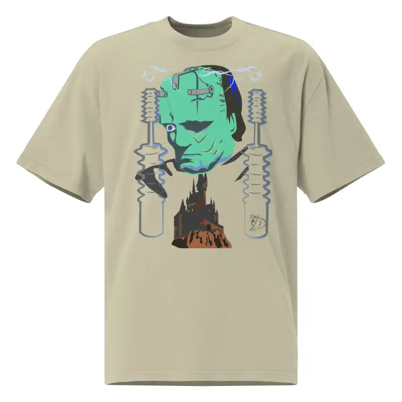 Beige Retro Franky Oversized T-Shirt featuring Matthew Dye art of Frankenstein graphic