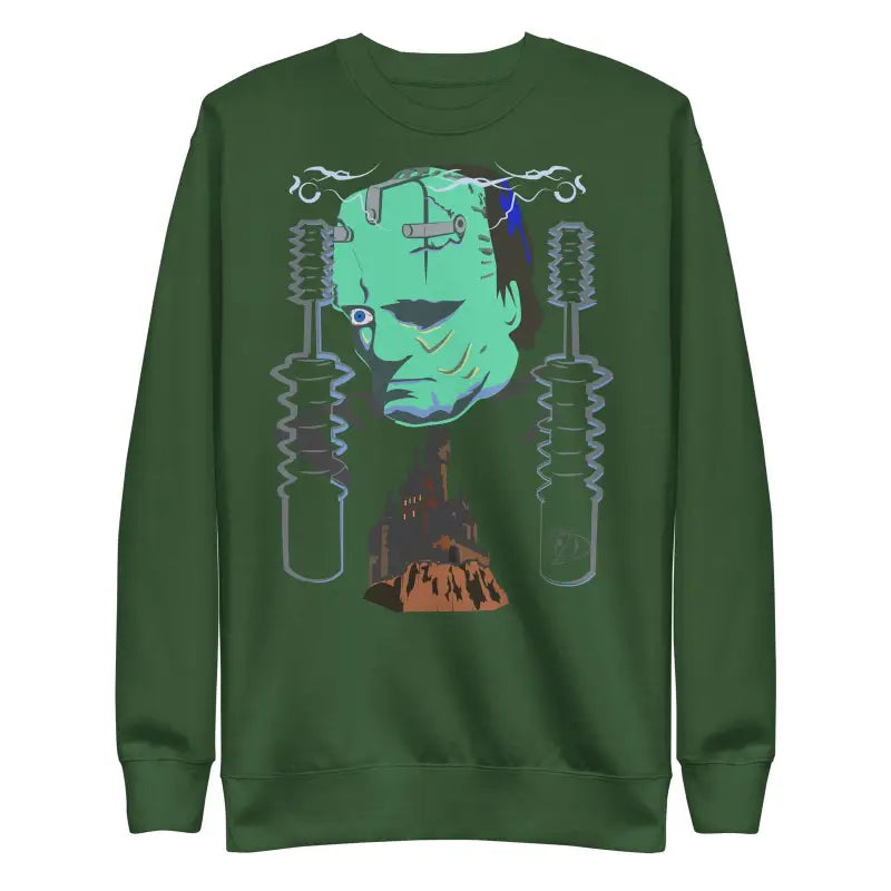 Forest green Retro Franky sweatshirt with turquoise and brown Frankenstein design