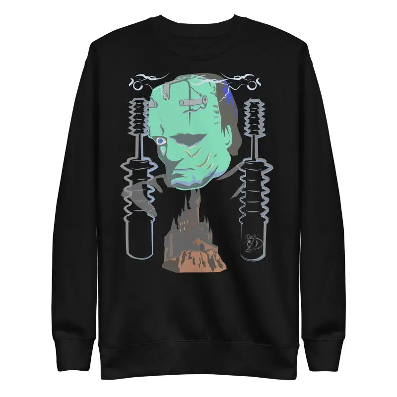 Black sweatshirt with mint green Frankenstein design for a retro Franky spooky season look