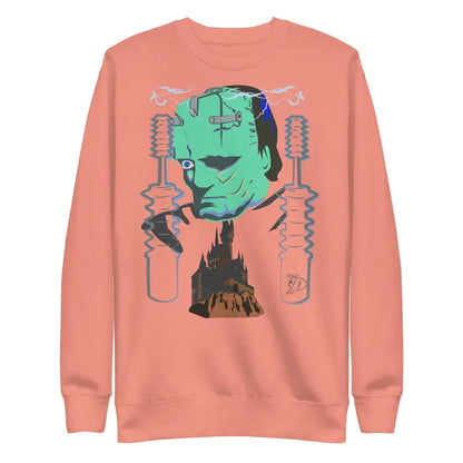 Peach sweatshirt with green Frankenstein design, perfect for Spooky Season and Retro Franky fans