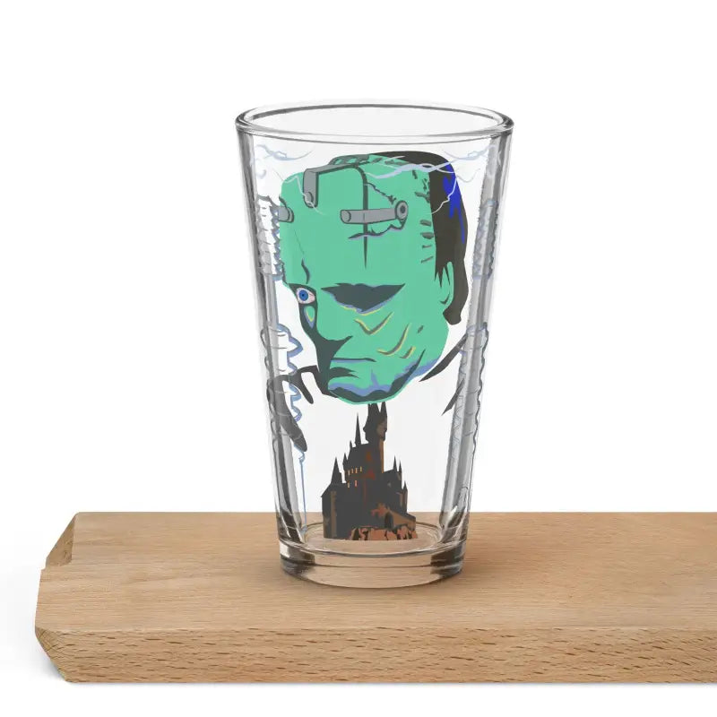 Clear drinking glass featuring Frankenstein’s monster artwork for Retro Franky Shaker