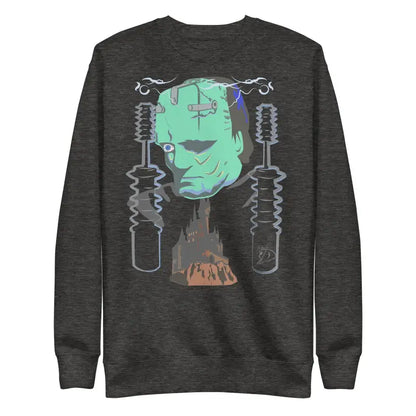 Dark gray Retro Franky Unisex Premium Sweatshirt with mint green Frankenstein design