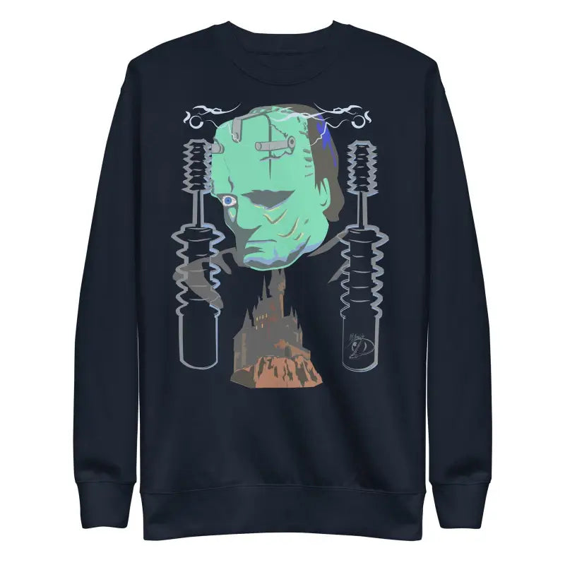 Black Retro Franky Unisex Premium Sweatshirt with mint green Frankenstein design