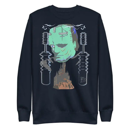 Black Retro Franky Unisex Premium Sweatshirt with mint green Frankenstein design