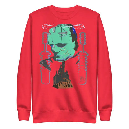 Red Retro Franky Unisex Premium Sweatshirt featuring Frankenstein’s monster in mint green and black