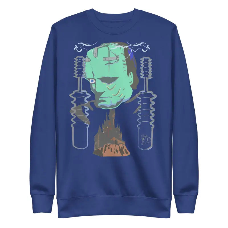 Navy blue Retro Franky Unisex Premium Sweatshirt featuring a Frankenstein’s monster design