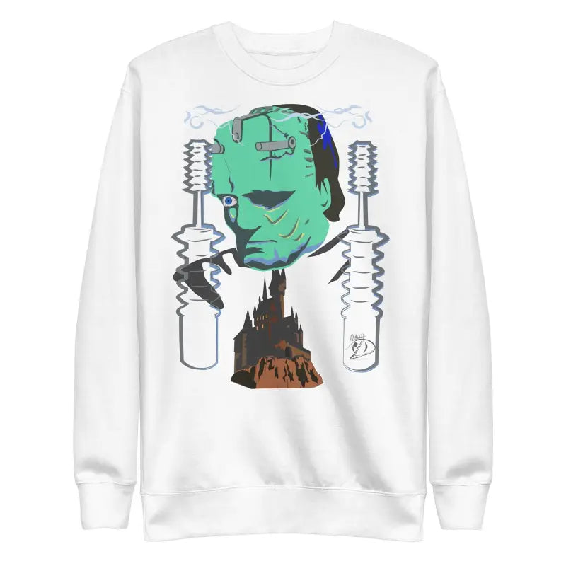 White Retro Franky Unisex Premium Sweatshirt featuring Frankenstein’s monster design