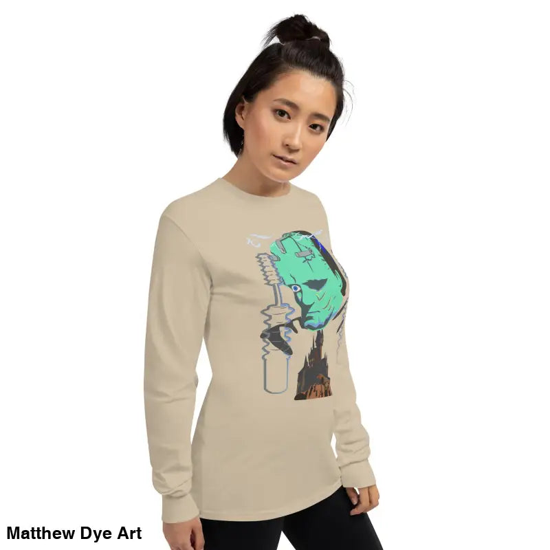 Beige long-sleeved shirt featuring Frankenstein graphic from Retro Franky Halloween collection