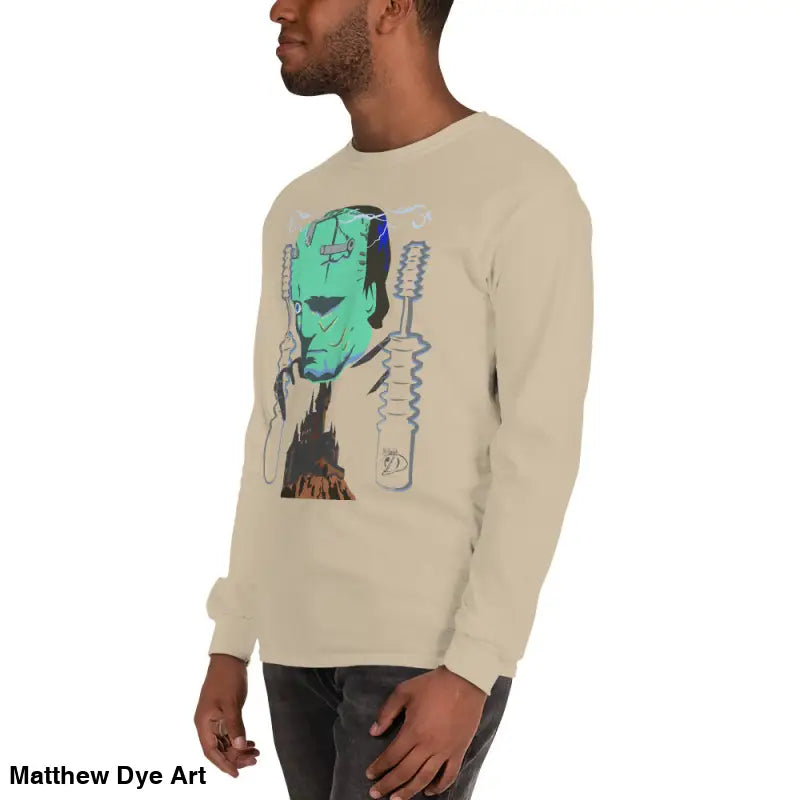Beige long-sleeved shirt featuring Matthew Dye art of Frankenstein from Retro Franky collection