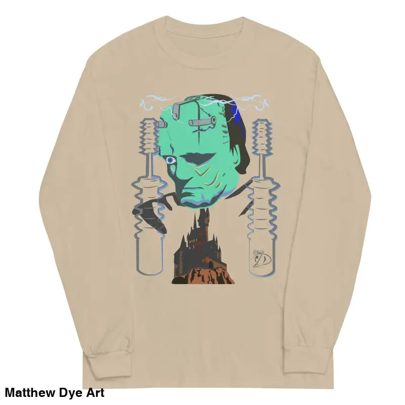 Beige long-sleeved Retro Franky tee featuring Matthew Dye art for a cute Halloween collection