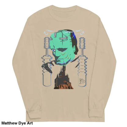 Beige long-sleeved Retro Franky tee featuring Matthew Dye art for a cute Halloween collection