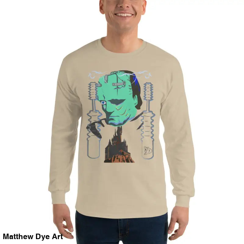 Beige long-sleeved Retro Franky tee featuring Matthew Dye art for a cute Halloween collection