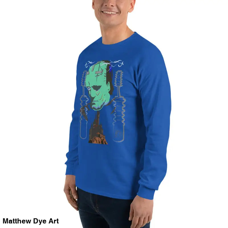 Blue long-sleeved Retro Franky tee featuring Matthew Dye art from the cute Halloween collection