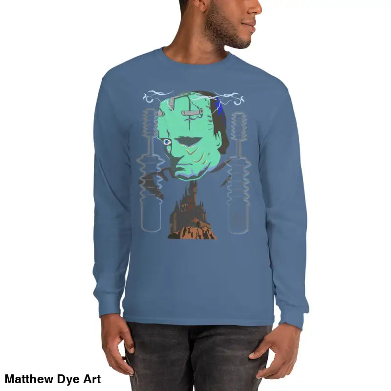 Blue long-sleeved shirt featuring Matthew Dye art in the Retro Franky Halloween collection