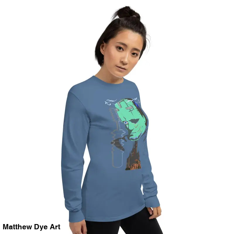 Blue long-sleeved Retro Franky shirt featuring Matthew Dye art for a cute Halloween collection