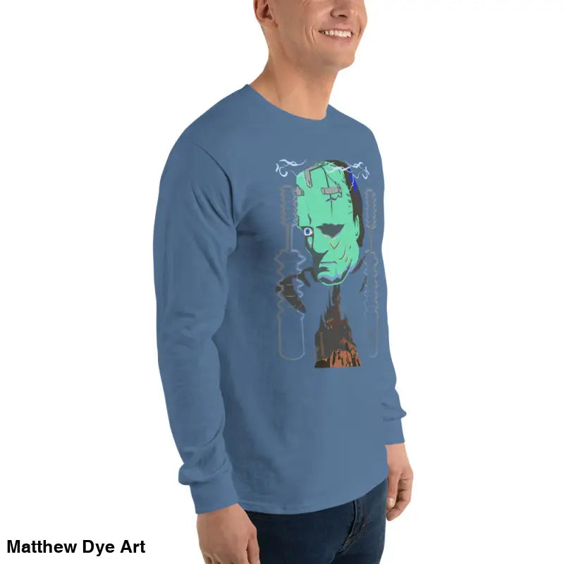 Blue long-sleeved Frankenstein t-shirt from Retro Franky, part of the Cute Halloween Collection