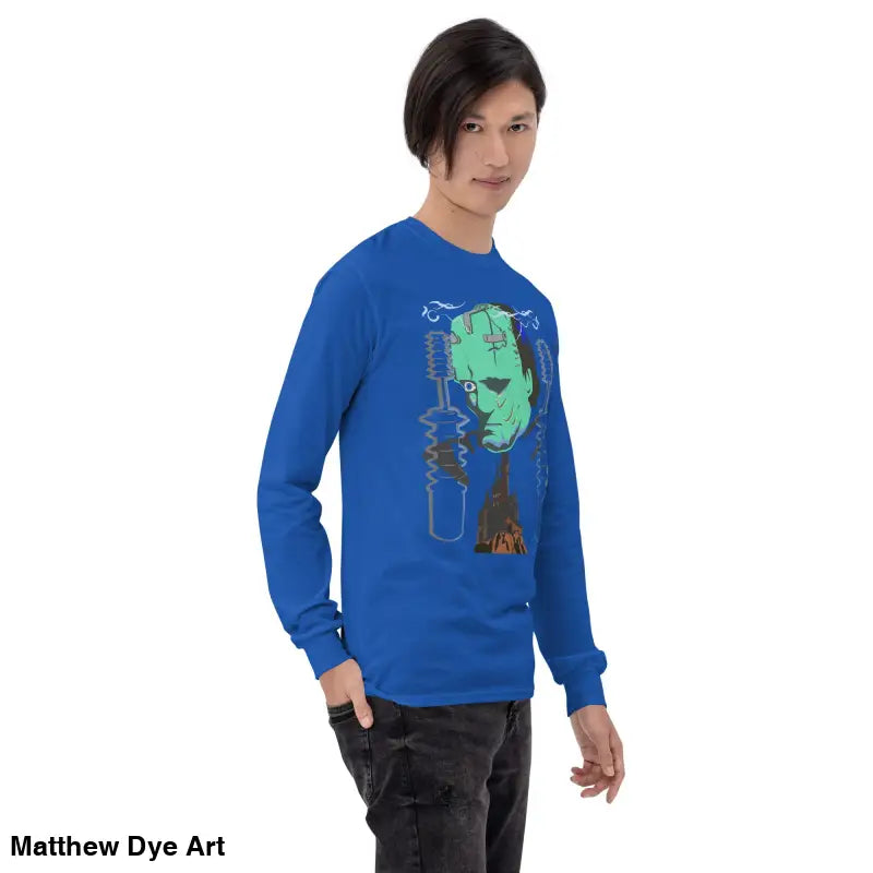 Blue long-sleeved shirt featuring Matthew Dye art from the Retro Franky cute Halloween collection