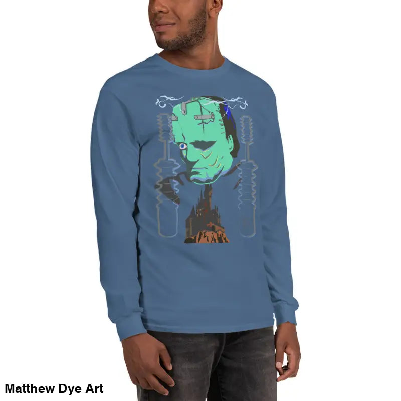 Blue long-sleeved Retro Franky Tee featuring Matthew Dye art in a cute Halloween collection
