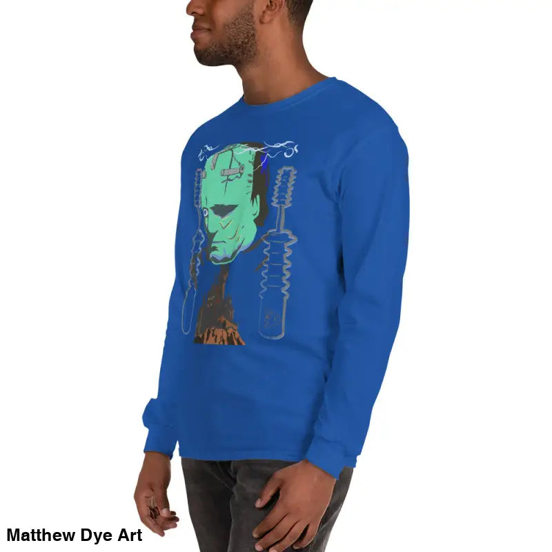 Blue long-sleeved Retro Franky tee featuring Matthew Dye art for a cute Halloween collection