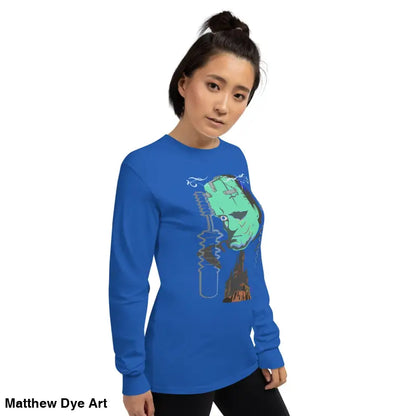 Blue long-sleeved Retro Franky tee featuring Matthew Dye art from the cute Halloween collection