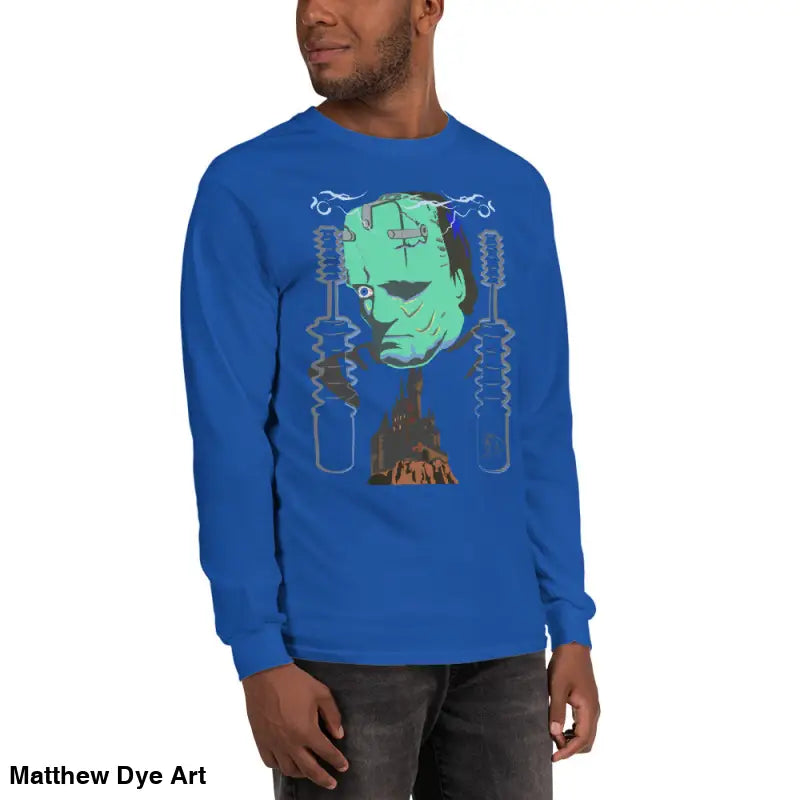 Blue long-sleeved Retro Franky tee featuring Matthew Dye art for a cute Halloween collection