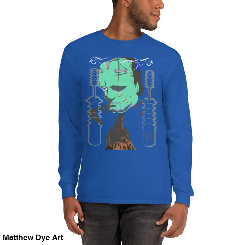 Blue long-sleeved shirt featuring Retro Franky graphic from the Matthew Dye art collection