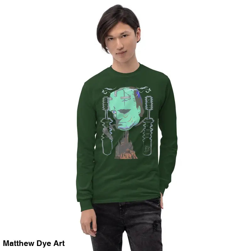Green long-sleeved Frankenstein t-shirt from Retro Franky featuring Matthew Dye art