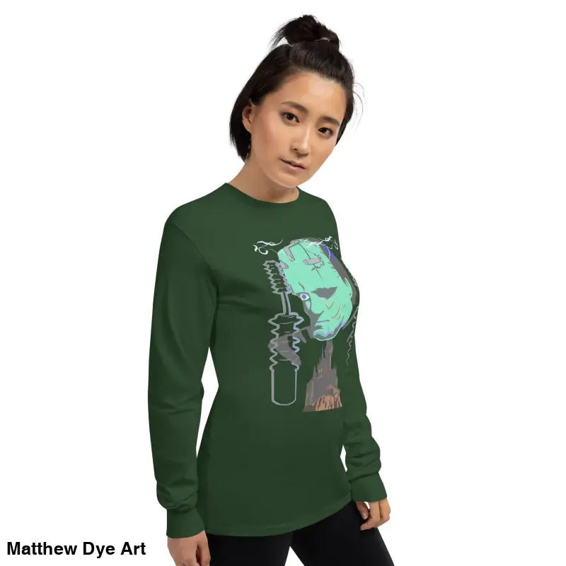 Green long-sleeved Retro Franky shirt featuring Matthew Dye art in cute Halloween collection