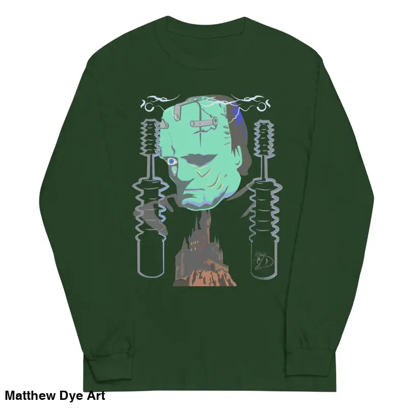 Green long-sleeved shirt featuring Matthew Dye art from the Retro Franky Halloween collection