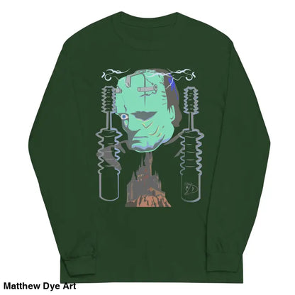 Green long-sleeved shirt featuring Matthew Dye art from the Retro Franky Halloween collection