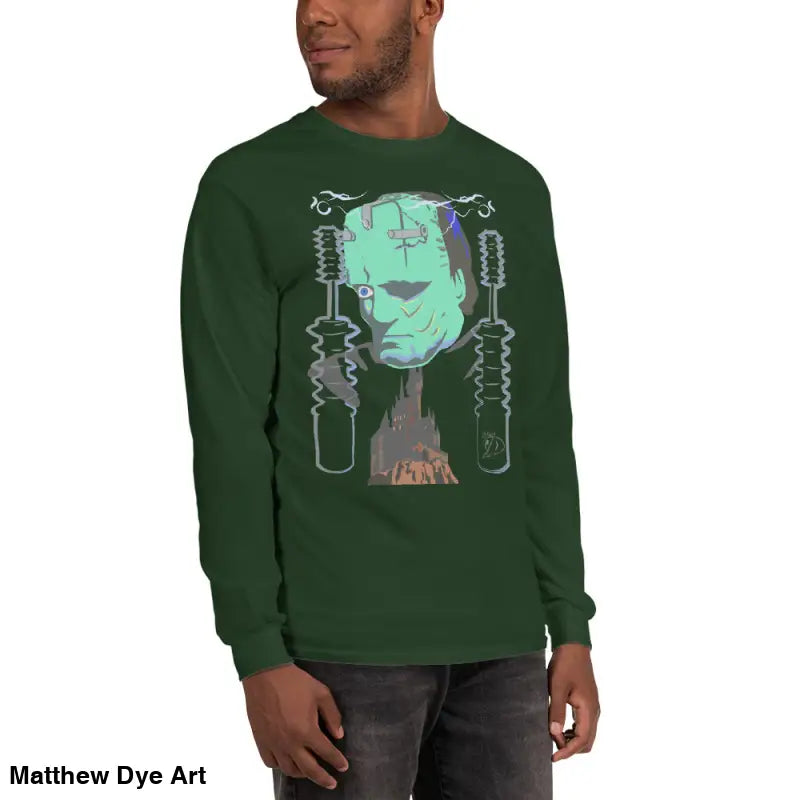 Green long-sleeved Retro Franky shirt featuring Matthew Dye art for a cute Halloween collection