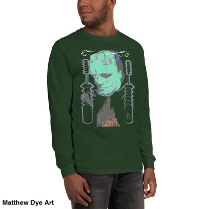 Green long-sleeved Retro Franky shirt featuring Matthew Dye art for a cute Halloween collection