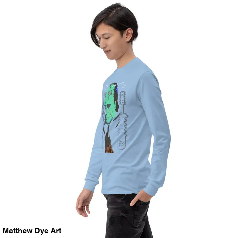 Light blue long-sleeved shirt featuring Matthew Dye art from the Retro Franky collection